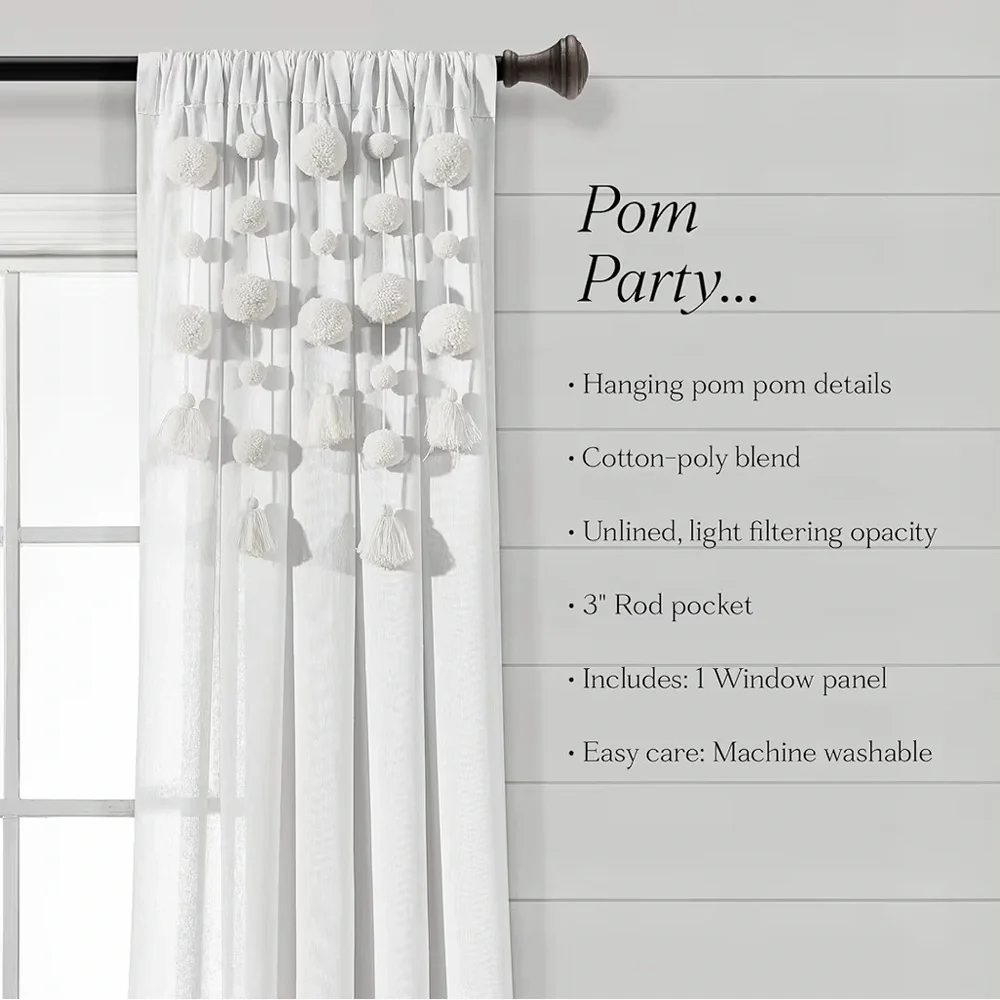 Lush Decor Boho Pom Pom Tassel Linen Textured Window Curtain Panel, Single panel